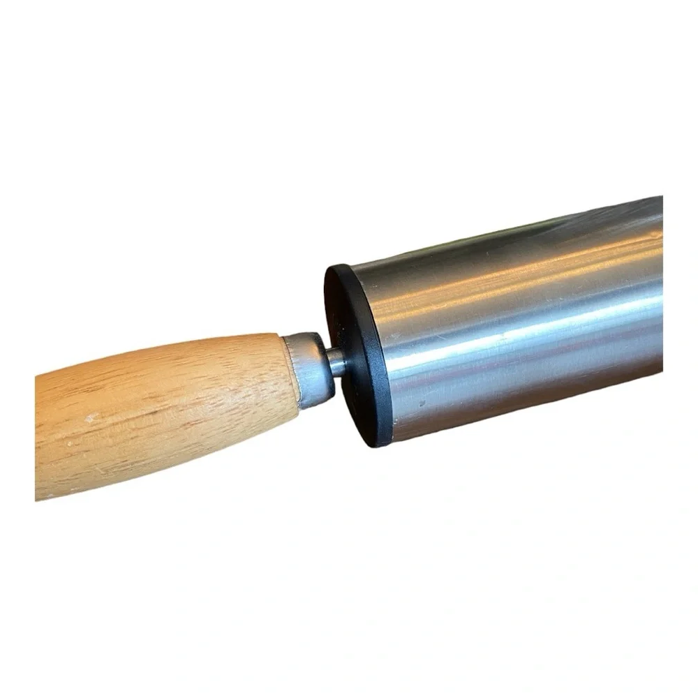 Stainless Steel rolling pin with wooden handles 19.25” x 6.5” VGUC